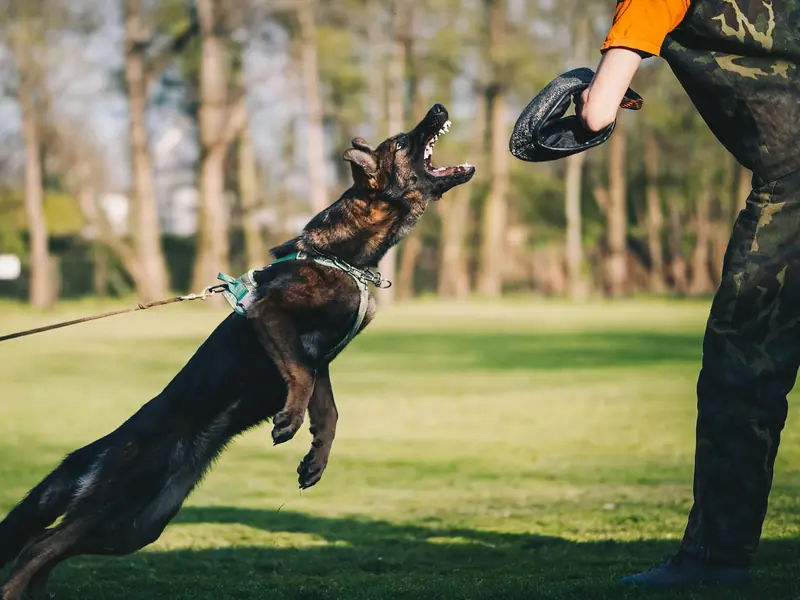 Eğitmenin koruma kolluğuna kontrollü şekilde atlayan köpek